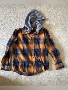 Old Navy Orange & Navy Plaid Hooded Button-Down Shirt